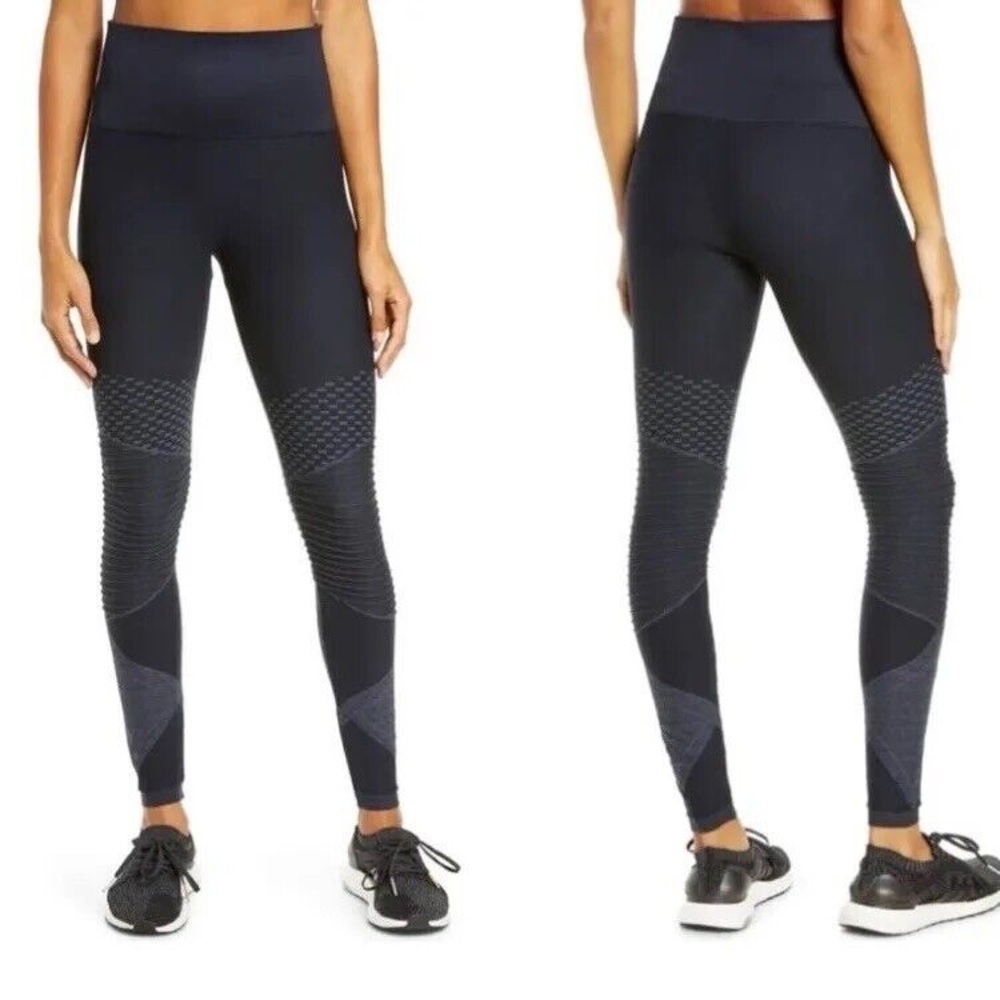 SPANX Blue High-Waisted Moto Leggings with Textured Design